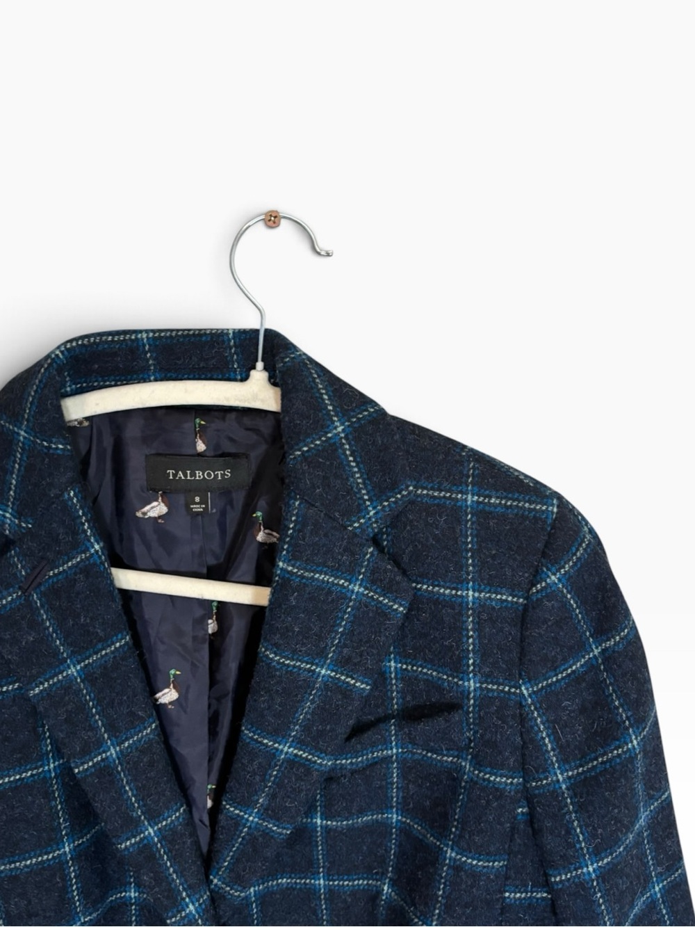 Talbots Navy Teal Windowpane Plaid Wool Blazer Jacket Size 8-Mallard Duck Lining